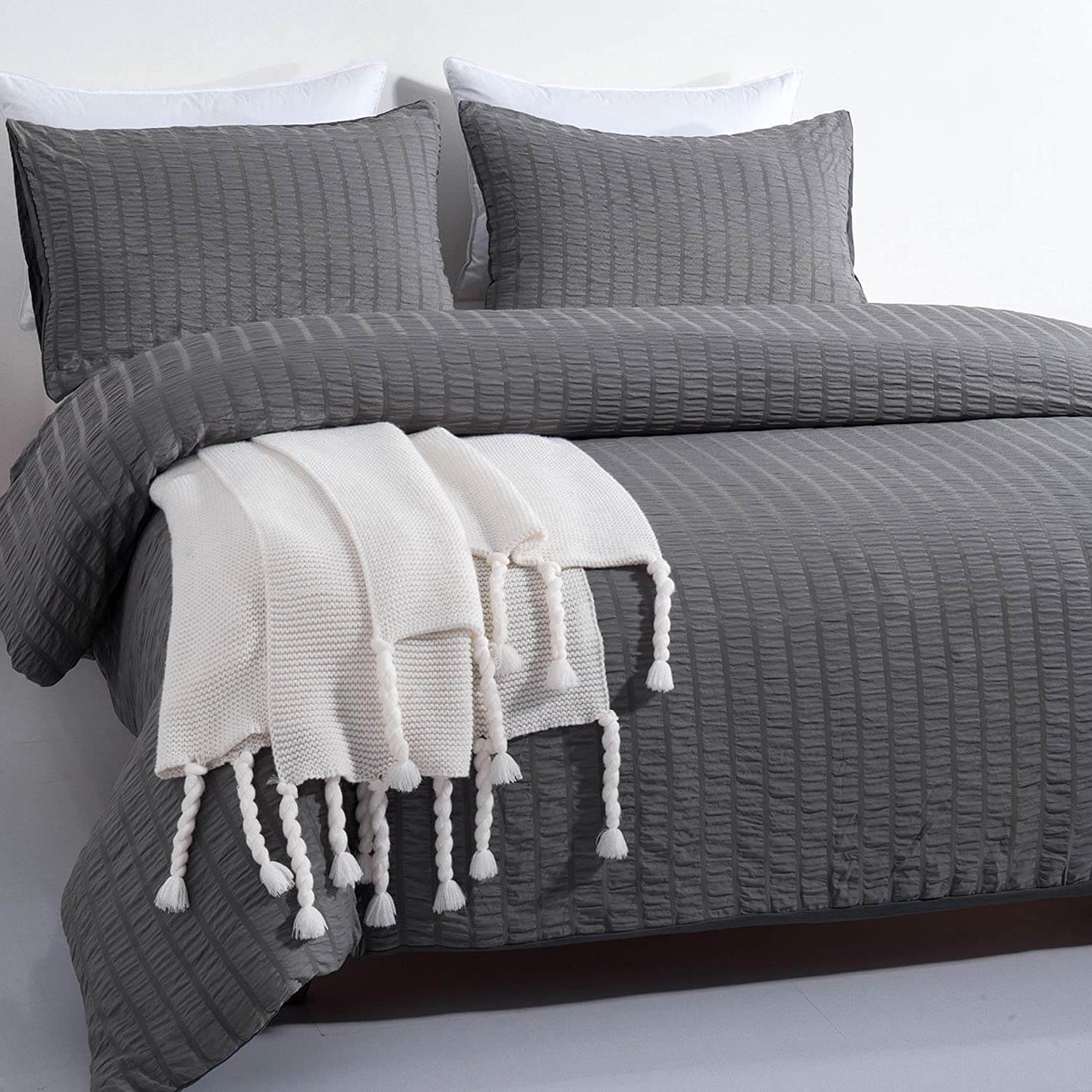 Soft Seersucker Cotton Duvet Cover Set - Gray for Full, Queen, King