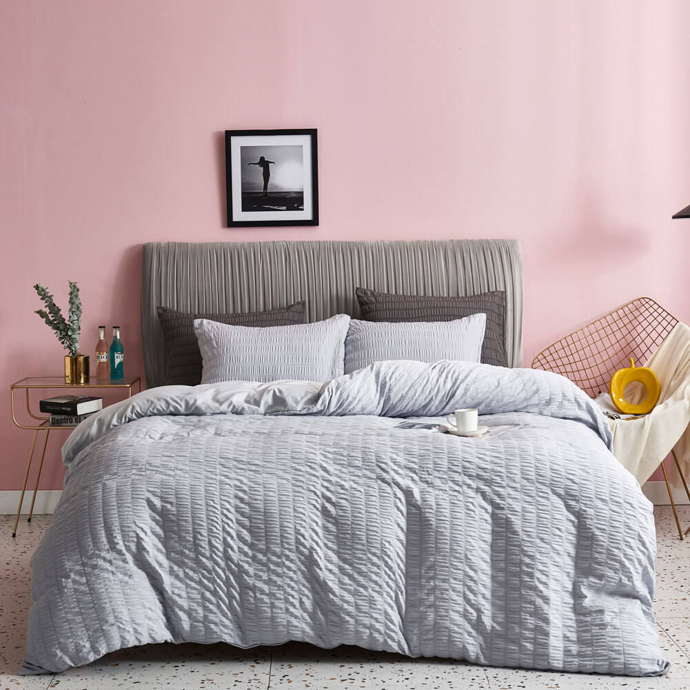 Soft Seersucker Cotton Duvet Cover Set - Gray for Full, Queen, King